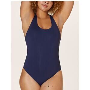 Andie Swim Tulum One Piece Swimsuit Navy Size Large Long Torso Shelf Bra